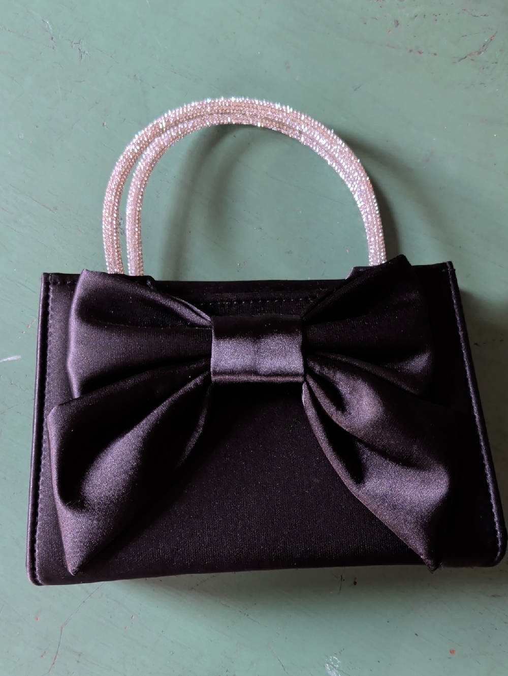 Elegant Black Bow Satin Handbag with Rhinestone Handles Formal Prom Event - Picture 2 of 10